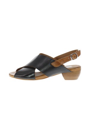 Black and brown leather open-toe sandal with low stacked heel and adjustable back strap buckle.