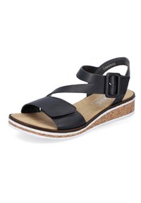 Black leather sandal featuring a wide toe strap, cross-over ankle straps, and a cork wedge sole with a white trim. Soft footbed texture.
