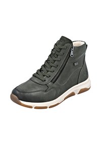 Dunkelgrüner High-Top-Schuh aus Leder mit einer vorderen Schnürung, seitlichem Reißverschluss und einer weißen und braunen Gummisohle.