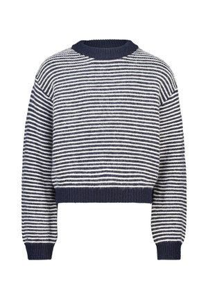Korte trui in marineblauw en witte strepen, gemaakt van zachte breiware. Heeft een ronde halslijn en ribgebreide boorden en onderrand.