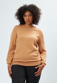 Hellbrauner Pullover mit langen Ärmeln, der einen glatten Körper und ein gepunktetes Texturmuster an den Ärmeln aufweist; mit einem runden Ausschnitt abschließend.