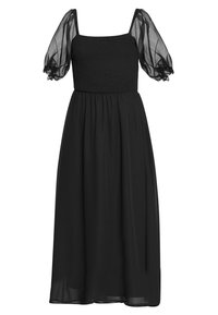 Schwarzes Kleid mit gerafftem Oberteil, quadratischem Ausschnitt und durchscheinenden, puffärmeligen Ärmeln. Fließender Rock, der bis zur Mitte der Wade reicht, aus leichtem Stoff.