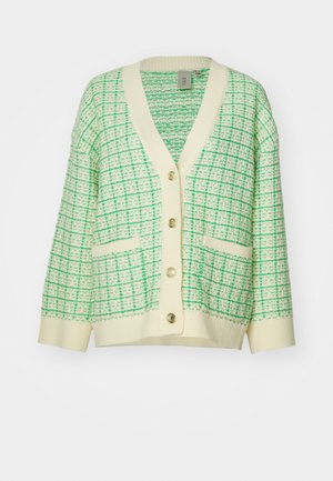 Zöld és krém színű kardigán, texturált kockás mintával, V-nyakkal, öt arany gombbal és két elülső zsebbal.