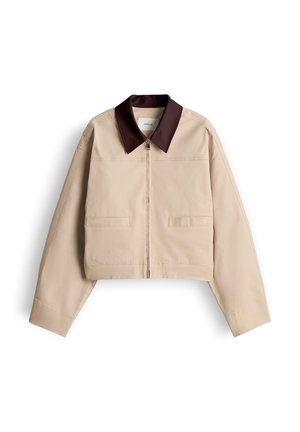 Beige Jacke mit Reißverschluss, dunkelbraunem spitzem Kragen, langen Ärmeln und zwei Taschen vorne, flach auf weißem Hintergrund ausgelegt.