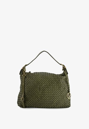 Olijfgroene handgemaakte leren handtas met een gebogen handvat, afneembare schouderband en gouden hardware accent. Glad textuur en zachte vorm.