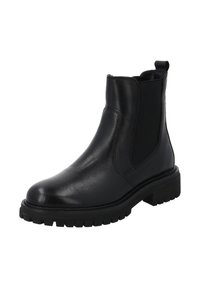 Czarne skórzane botki Chelsea z elastycznymi panelami bocznymi i pętelką. Posiadają masywną czarną gumową podeszwę z textured wzorem bieżnika.