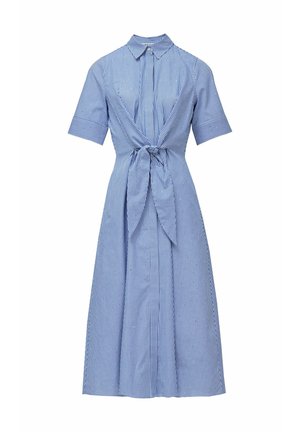 Modrá a bílá pruhovaná šaty s límečkem košile, krátkými rukávy a detaily vázání v pase vpředu. Silueta ve tvaru A s midi délkou.