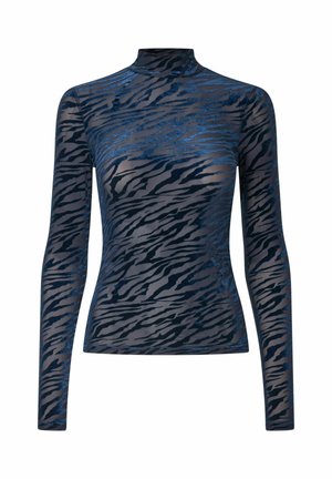 Top a maniche lunghe, trasparente di colore blu navy con collo alto, caratterizzato da un motivo a strisce zebrato in velluto blu scuro e nero.