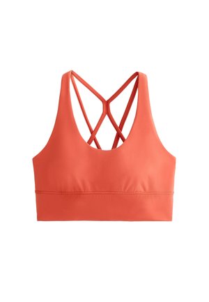 Koronowy stanik sportowy z gładkiego, elastycznego materiału, szerokimi ramiączkami i krzyżującym się wzorem z tyłu. Bezszwowa podstawa dla wygody.