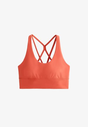 Koronowy stanik sportowy z gładkiego, elastycznego materiału, szerokimi ramiączkami i krzyżującym się wzorem z tyłu. Bezszwowa podstawa dla wygody.