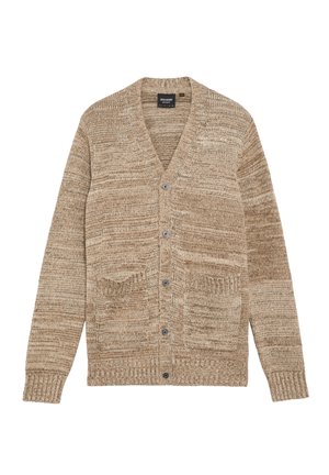 Cardigan a maglia beige con scollo a V, chiusura a bottoni e due tasche frontali. Presenta un motivo testurizzato e polsini a coste.