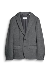 Blazer gris en mélange de laine avec revers cranté, deux poches frontales, fermeture à un bouton et poignets à quatre boutons. Doublure intérieure lisse.