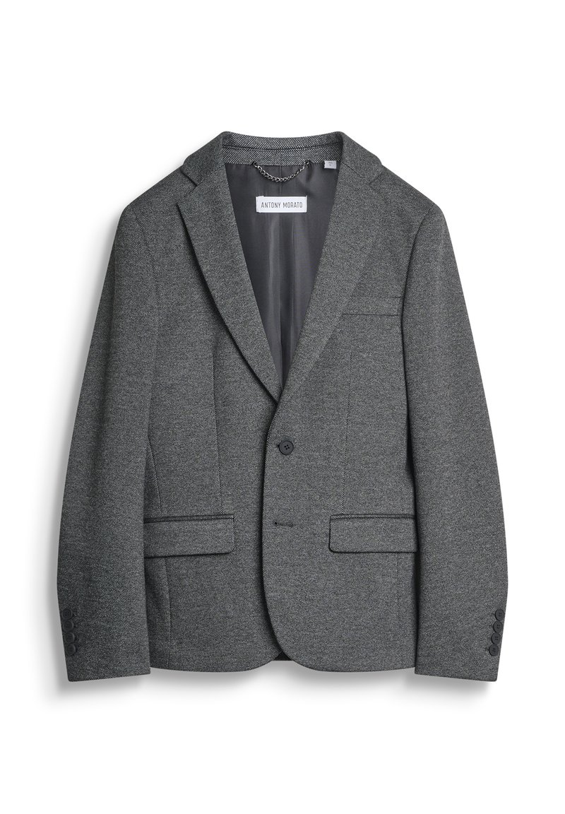 Blazer gris en mélange de laine avec revers cranté, deux poches frontales, fermeture à un bouton et poignets à quatre boutons. Doublure intérieure lisse.