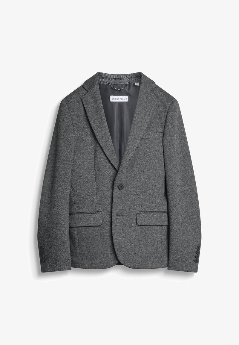 Blazer gris en mélange de laine avec revers cranté, deux poches frontales, fermeture à un bouton et poignets à quatre boutons. Doublure intérieure lisse.