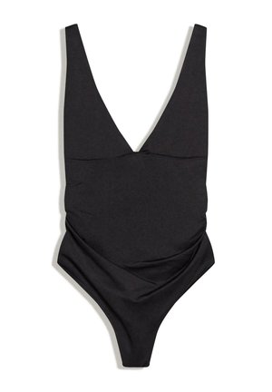 Czarny jednoczęściowy kostium kąpielowy z głębokim dekoltem w kształcie litery V, szerokimi ramiączkami i subtelnymi marszczeniami na przodzie.