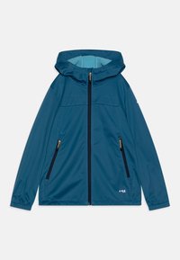 Giacca teal con cappuccio, zip frontale completa e due tasche laterali. Texture liscia e fodera azzurro chiaro a contrasto. Branding minimale sul basso davanti.