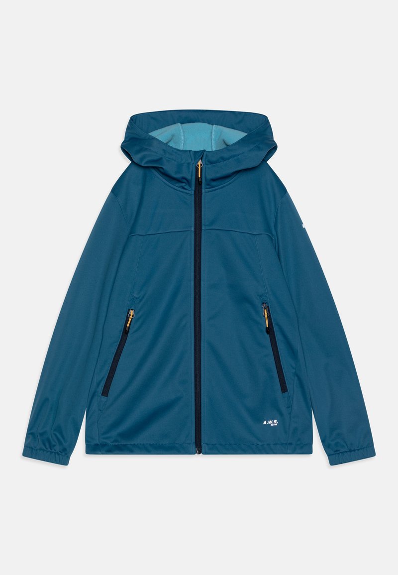 Teal jacket with a hood, full front zipper, and two side pockets. Smooth texture and contrasting light blue lining. Minimal branding on lower front.
