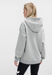 Grå huvtröja med avslappnad passform, featuring långa ärmar och en ribbad nederkant. Tyget verkar mjukt med en slät yta.