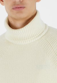 Maglione a collo alto di colore crema in maglia, con una texture a coste e un colletto alto, caratterizzato da un design aderente e da sottili accenti di cuciture verticali.