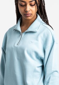 Sudadera de cuello con cremallera en azul claro, con una textura suave, que presenta un logo sutil en el pecho y un corte relajado con hombros caídos.