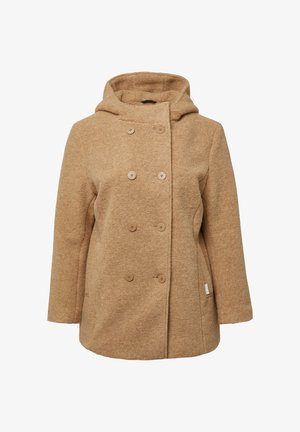 Beige wolmix jas met een dubbelzijdig ontwerp, grote knopen, een capuchon en textiel met structuur. Voorzien van zijzakken.