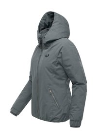 Grå hettegenser til kvinner for vinterbruk med front glidelås, glidelåslomme på siden, elastiske cuff-er og liten svart logo på brystet.