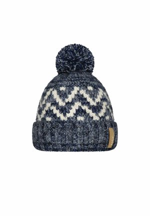 Dunkelblaue und weiße Strickmütze mit Zickzackmuster, ausgestattet mit einem Pompon an der Oberseite und einem strukturierten, gerippten Bund. Mit Markenetikett.
