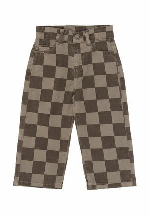 Pantalon pour tout-petit à carreaux marron et beige avec passants de ceinture, bouton sur le devant et poches, présenté sur fond blanc.