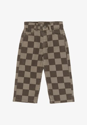 Bruin- en beige geruite peuterbroek met riemlussen, knoop aan de voorkant en zakken, afgebeeld tegen een witte achtergrond.