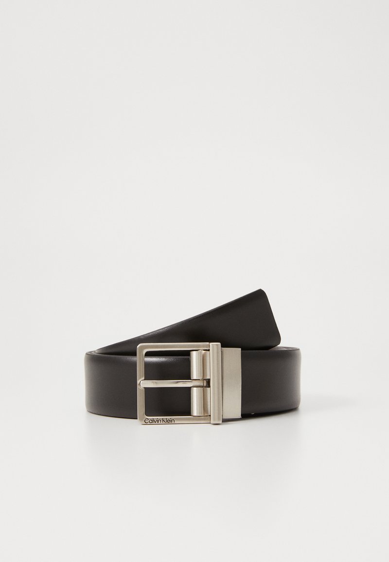 Black leather belt with a rectangular silver buckle. Smooth texture, minimal design, featuring embossed logo on the buckle.
