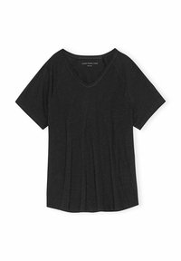 Black short-sleeve T-shirt made of soft fabric with a V-neck and slightly loose fit, featuring subtle pleats at the front and a straight hem.