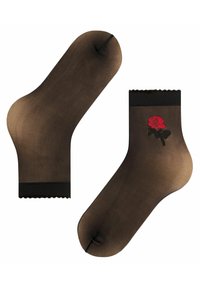 Durchsichtige braune Socken mit gewelltem schwarzen oberen Rand. Auf einer Seite mit rosembrodiertem Rosendesign. Glatte Textur, für Komfort ausgelegt.
