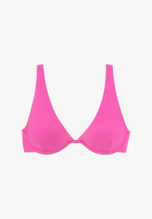 Roza ribasta trianglasta modrčka z globokim izrezom, nastavljivimi naramnicami in subtilnimi detajli. Gladka tekstura in elastičen pas za podporo.