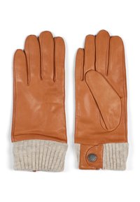 Brune læderhandsker med ribbede beige strikkede manchetter. Udstyret med en knapdetalje, glat tekstur og et unikt tommelfingerdesign for nem brug.