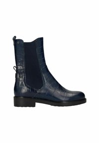 Marineblauwe enkellaarzen met een krokodil-embossed leren bovenwerk, elastische zijpanelen en een lage blockhak. Voorzien van een trekkoord voor een gemakkelijke instap.