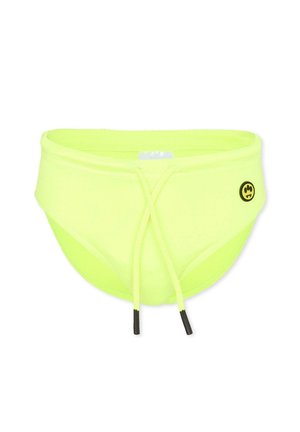 Jasnożółte kąpielówki z regulowanym sznurkiem z przodu oraz małym czarno-żółtym logo uśmiechniętej buźki po prawej stronie.