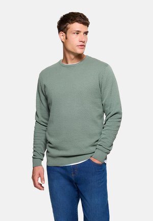 Hombre con suéter verde salvia texturizado y jeans azules, de pie con una mano en el bolsillo, mirando hacia un lado contra un fondo liso.