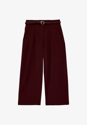 Pantaloni ampi color marrone scuro con pieghe frontali e cintura sottile abbinata con fibbia dorata, mostrati distesi su uno sfondo bianco.
