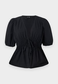 Blusa nera con scollatura a V profonda, maniche a palloncino e vita arricciata. Realizzata in tessuto morbido, presenta un dettaglio con la cintura sul davanti.