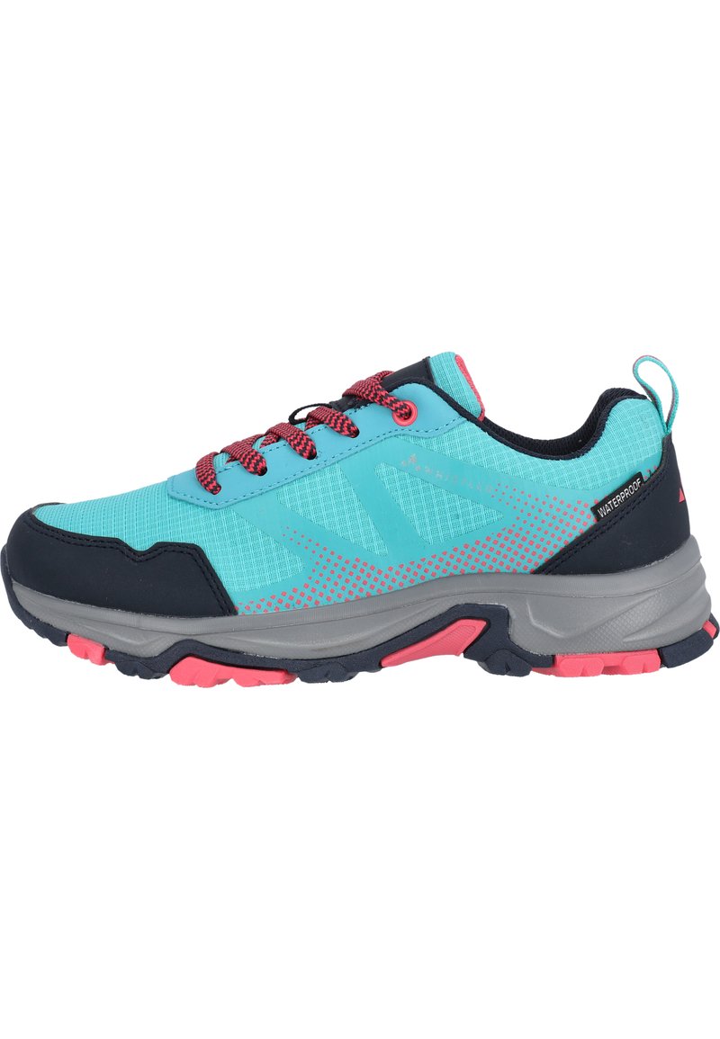 Sininen ja teal-värinen vaelluskenkä, jossa on teksturoitu verkkopinta, mustat yksityiskohdat, punaiset nauhat ja kevyt harmaa pohja. Mukana vesitiivis merkintä.