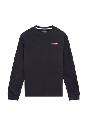 Langärmliges navyblaues Sweatshirt aus Baumwolle mit Rundhalsausschnitt und gerippten Bündchen. Besitzt ein kleines rotes "GUESS JEANS"-Logo auf der Brust.
