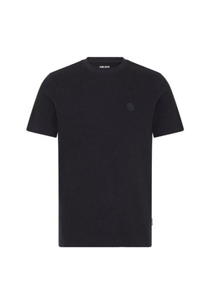 Maglietta a maniche corte blu navy realizzata in tessuto testurizzato. Presenta un colletto tondo e un logo discreto sul petto. Fondo dritto.