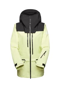 Gelbe wasserdichte Jacke mit einem schwarzen oberen Bereich, Frontreißverschluss und zwei Seitentaschen. Verfügt über eine Kapuze und verstellbare Bündchen.
