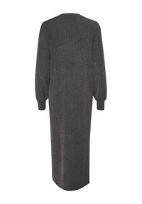 Robe tricotée longue, gris foncé, avec une coupe décontractée, présentant des manches bouffantes et une silhouette droite. Tissu texturé avec un motif minimaliste.