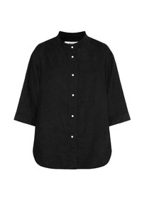 Black corduroy shirt with mandarin collar, front snap buttons, and three-quarter sleeves, displayed plain on white background.