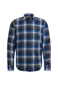 Chemise à manches longues avec boutons, motif à carreaux bleu, blanc et jaune et petit emblème brodé d'un aigle doré sur la poitrine gauche.