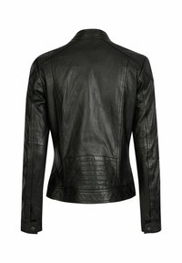 Black leather jacket with a fitted design, ribbed texture at shoulders, and buttoned cuffs. Features visible seams and a smooth finish.
