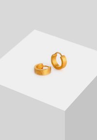 Orecchini a cerchio in tonalità oro con finitura spazzolata, caratterizzati da una forma arrotondata e una piccola chiusura a cerniera per una vestibilità sicura.