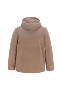 Chaqueta con capucha beige con tela de forro polar suave y texturizada en las mangas y el cuerpo, y un panel de tela lisa en la parte superior de la espalda.