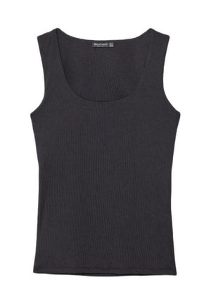 Schwarzes ärmelloses, geripptes Tanktop mit rundem Ausschnitt, geradem Saum und figurbetonter Silhouette.